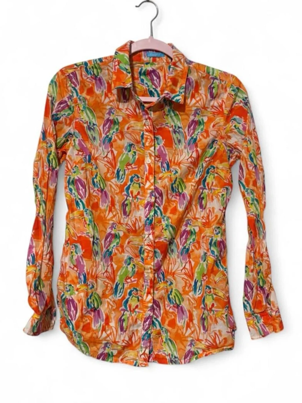 J. McLaughlin colorful parrot print button up top small
